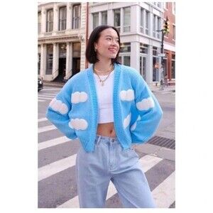 Debut Sky Blue Chunky Knit Cardigan Puffy White Cloud Patterned M